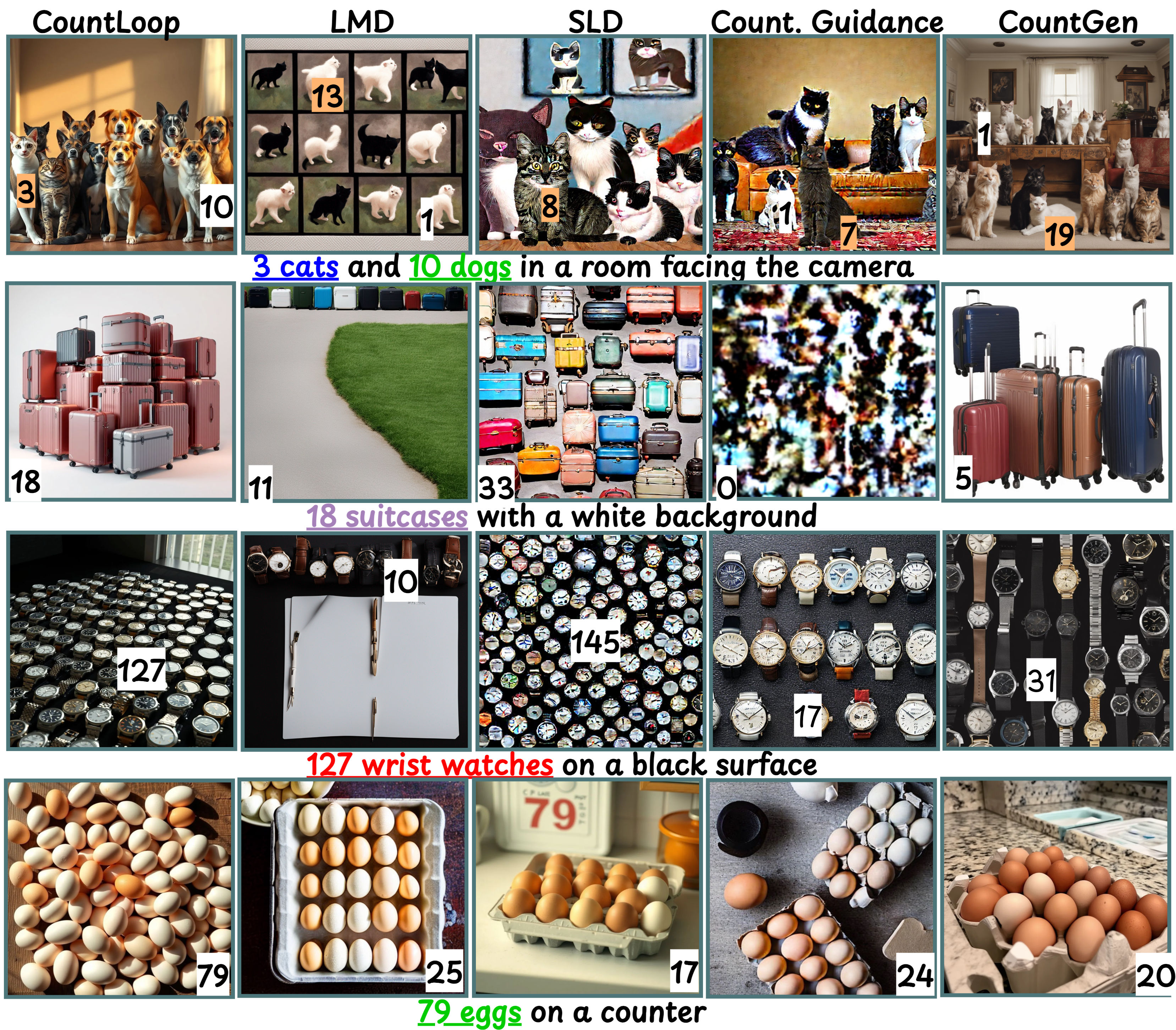 Qualitative comparison Part 2: CountLoop vs baselines on multi-category cats and dogs, suitcases, watches, and eggs