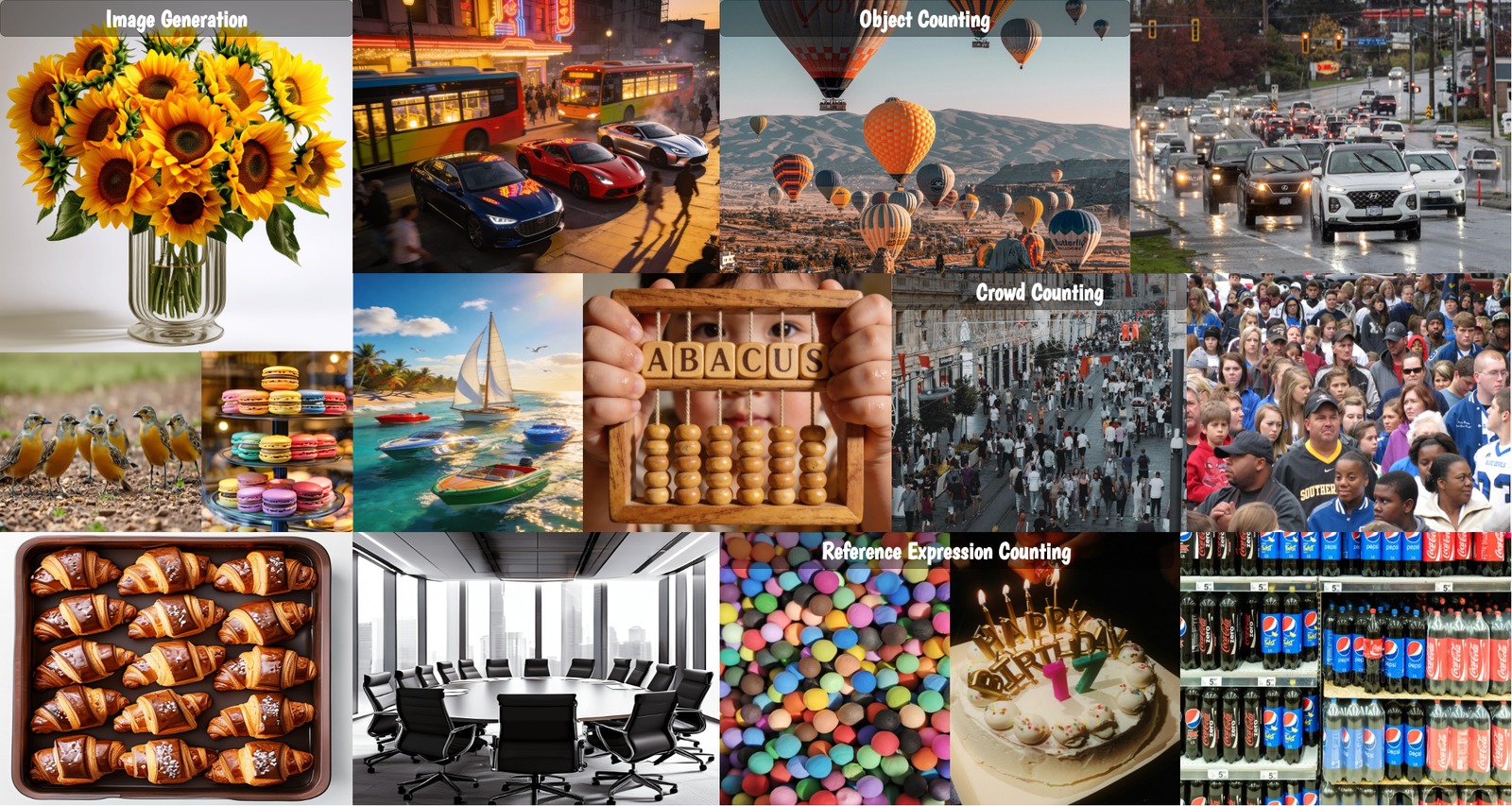 ABACUS overview: count understanding (sparse to dense) and count-faithful generation